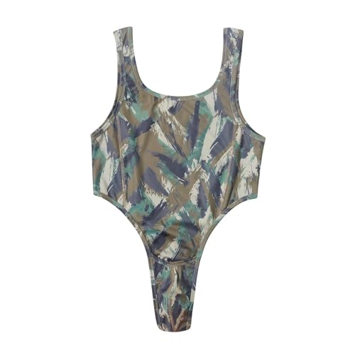 Landofgenie Body Herren U-Ausschnitt Camo Ärmellos Tank Top Bodysuit Tanga Onesie Strampler für Erwachsene Grün S von Landofgenie