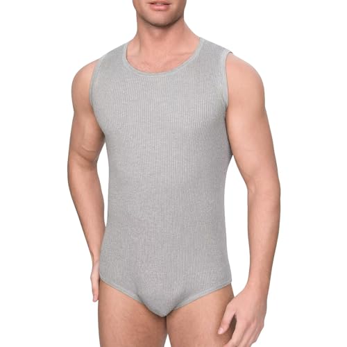Landofgenie Body Männer Ärmellos Tank Top Bodysuit Einteiliger Pyjama Gestrickte Onesie Strampler für Erwachsene Grau 2XL von Landofgenie