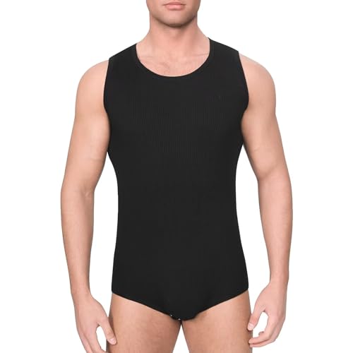 Landofgenie Body Männer Ärmellos Tank Top Bodysuit Einteiliger Pyjama Gestrickte Onesie Strampler für Erwachsene Schwarz 3XL von Landofgenie