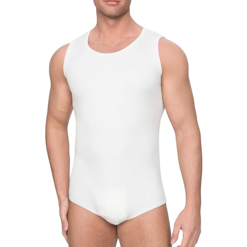 Landofgenie Body Männer Ärmellos Tank Top Bodysuit Einteiliger Pyjama Gestrickte Onesie Strampler für Erwachsene Weiß 2XL von Landofgenie
