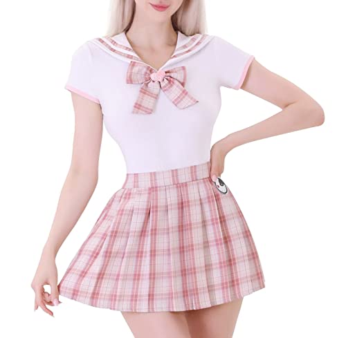Landofgenie Damen Onesie Baumwolle Bodysuit Set für Damen Cosplay JK-Uniform Mädchen Rock-Sets Rosa XL von Landofgenie