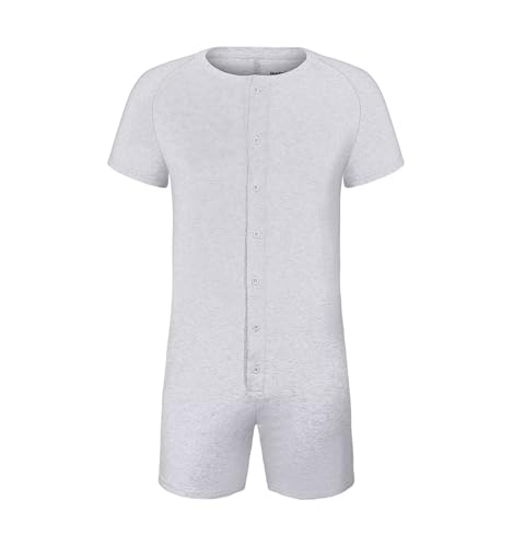 Landofgenie Bodysuit Herren Schlafanzug Shirt für Männer Jumpsuit Einteiliger Unterwäsche Baumwolle Onesie Kurzarm Strampler Hellgrau 2XL von Landofgenie