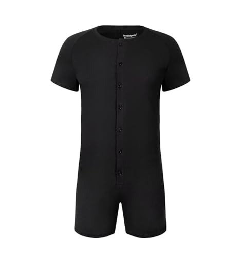 Landofgenie Bodysuit Herren Kurzarm aus Baumwolle mit Boxershorts-Design & Knopfleiste - Bequemer Strampler für Homewear und Alltag Schwarz 2XL von Landofgenie
