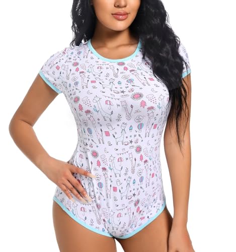 Landofgenie Damen Bodysuit Baumwolle Bodysuit Nette Print Onesie Pyjamas Nachtwäsche Tops - Giraffe S von Landofgenie