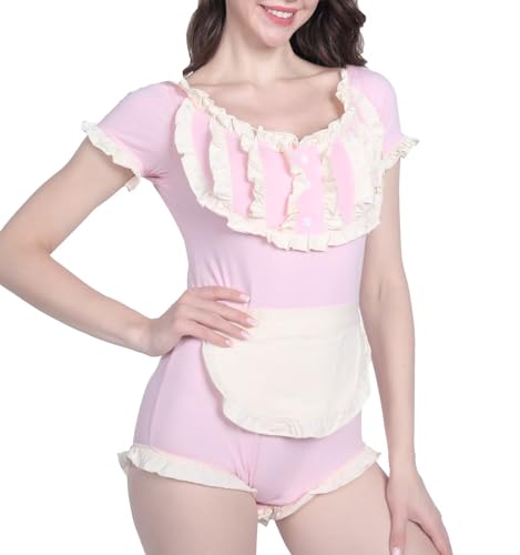 Landofgenie Damen Bodysuit Baumwolle Strampler Onesie Pyjamas Bodysuit Tops Maid Outfit Weiß M von Landofgenie