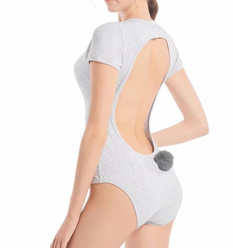 Landofgenie Damen Bodysuit Onesie Pyjamas Bodysuit Tops Baumwolle Bodysuit Backless Top mit Prints Grau 4XL von Landofgenie