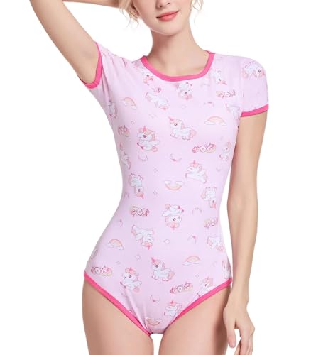 Landofgenie Damen Kurzarm Bodysuit Onesie Pyjama für Frauen One Piece Rompers Botton Crotch Top - Einhorn 4XL von Landofgenie