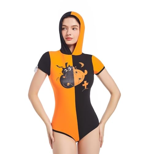 Landofgenie Damen One Piece Pyjamas Bodysuit Baumwolle Kapuzen Rompers Tops für Erwachsene Halloween Schwarz Orange Kontrastt 2XL von Landofgenie
