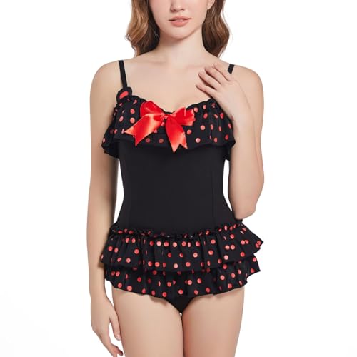 Landofgenie Damen Onesie Pyjama Baumwolle Camisole Strampler mit Polka-Punkt Frauen Schwarz Bodysuit Top L von Landofgenie
