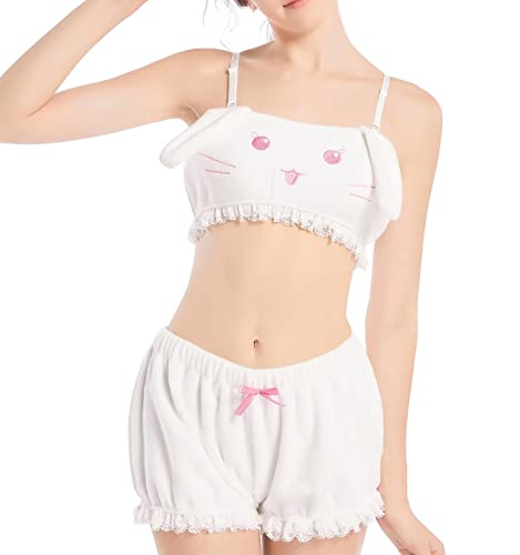 Landofgenie Damen-Pyjama-Set, Shorts und Tank Top, Loungewear, flauschiger Pyjama, weißer Hasen-Kostüm, Weiss/opulenter Garten, S von Landofgenie