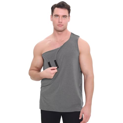 Landofgenie Herren Activewear-Tanktop Shirt nach Schulteroperationen Tank Tops mit Druckknopf Funktionsshirt für Chemo & Operationen Reha Grau XL von Landofgenie