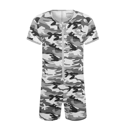 Landofgenie Herren Body Einteiler mit Camouflage-Print – 95% Baumwolle, 5% Elasthan – Reißverschlussfront, 6 Metallknöpfe im Schritt – Vielseitig als Schlafanzug oder Party-Outfit, Camo-Grau XL von Landofgenie