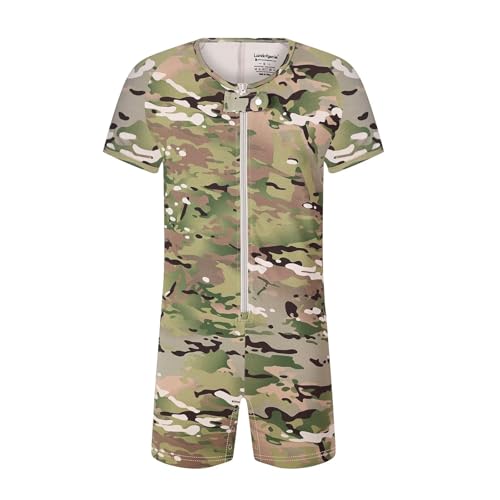 Landofgenie Herren Body Einteiler mit Camouflage-Print – 95% Baumwolle, 5% Elasthan – Reißverschlussfront, 6 Metallknöpfe im Schritt – Vielseitig als Schlafanzug oder Party-Outfit, Camo-Grün S von Landofgenie