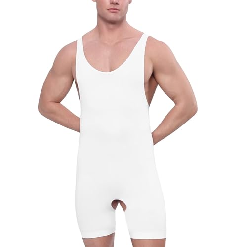 Landofgenie Herren Body Shaper Kompression Bauch Taille Unterhemden mit Bein Starkformend, Weiß, 2XL von Landofgenie