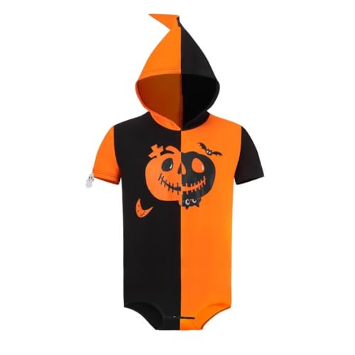 Landofgenie Herren Bodysuit mit kurzen Ärmeln One Piece Pyjamas Kapuzen Rompers Tops für Erwachsene Halloween Schwarz Orange Kontrast M von Landofgenie