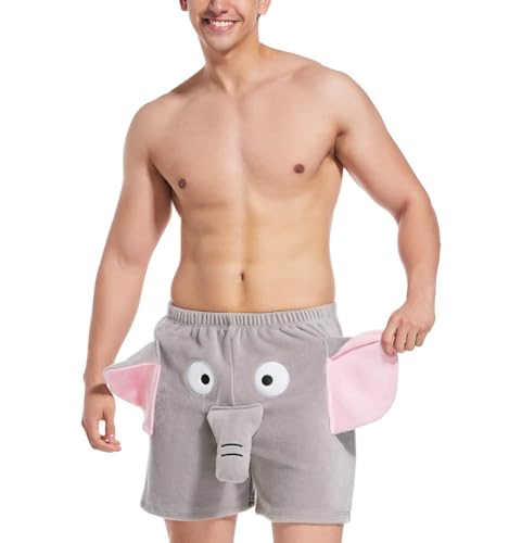 Landofgenie Herren Schlafanzughose Cartoon Schlafhose Pyjamahose Freizeithose Loungehose Nicht Umgekehrter Samt Shorts für Männer Elephant Grau XL von Landofgenie