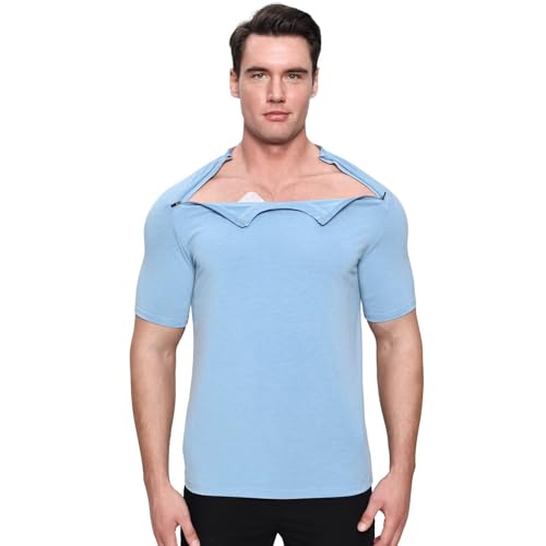 Landofgenie Herren Sportshirts nach Schulterchirurgie Operationen Funktionsshirt mit Linke und Rechte Seite Reißverschlüsse Activewear-T-Shirts Blau XL von Landofgenie