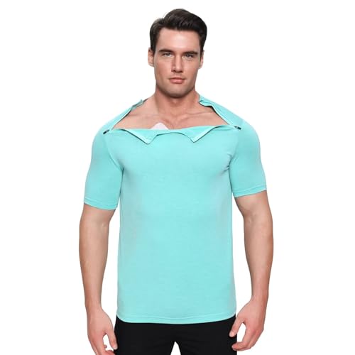 Landofgenie Herren Sportshirts nach Schulterchirurgie Operationen Funktionsshirt mit Linke und Rechte Seite Reißverschlüsse Activewear-T-Shirts Cyan XL von Landofgenie
