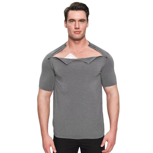 Landofgenie Herren Sportshirts nach Schulterchirurgie Operationen Funktionsshirt mit Linke und Rechte Seite Reißverschlüsse Activewear-T-Shirts Grau XL von Landofgenie