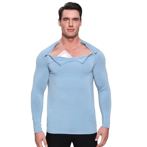 Landofgenie Herren Sportshirts nach Schulterchirurgie Operationen Funktionsshirt mit Linke und rechte Seite Reißverschlüsse Activewear-T-Shirts Blau XL von Landofgenie