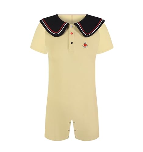 Landofgenie Männer Kurzarm Matrosenkragen Seemannskragen Romper Pyjama Bodysuit One Piece Rompers Botton Crotch Top Shirt Pyjamas für Herren Braun 3XL von Landofgenie