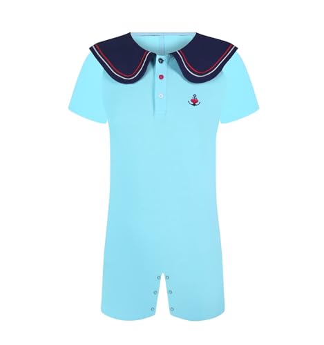 Landofgenie Männer Kurzarm Matrosenkragen Seemannskragen Romper Pyjama Bodysuit One Piece Rompers Botton Crotch Top Shirt Pyjamas für Herren Hellblau M von Landofgenie