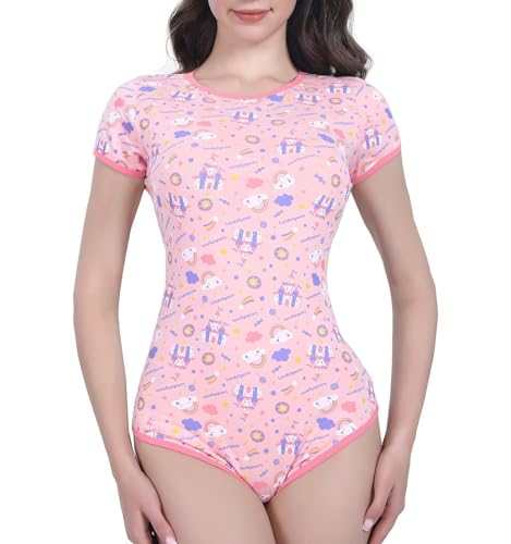 Landofgenie Onesie Damen Jumpsuit Pyjama Einteiler Baumwolle Kurz Bodysuit Top Candy Castle Rosa XL von Landofgenie