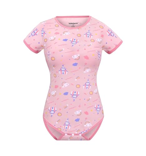 Landofgenie Onesie Damen Jumpsuit Pyjama Einteiler Baumwolle Kurz Bodysuit Top Candy Castle Rosa XS von Landofgenie