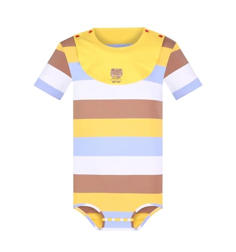 Landofgenie Onesie Pyjama mit Sabberndem Lätzchen für Herren Kurzarm Gestreifter Bodysuit Rompers Strampler für Männer Gelb 3XL von Landofgenie