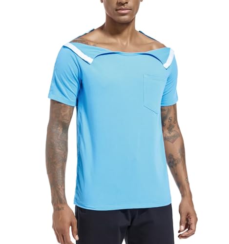 Landofgenie Sportshirts Herren und Damen Erholungs-T-Shirt mit Druckknöpfe Linke und Rechte Seite zum Abreißen Kurze Ärmel Hemd nach der Schulter Blau 3XL von Landofgenie