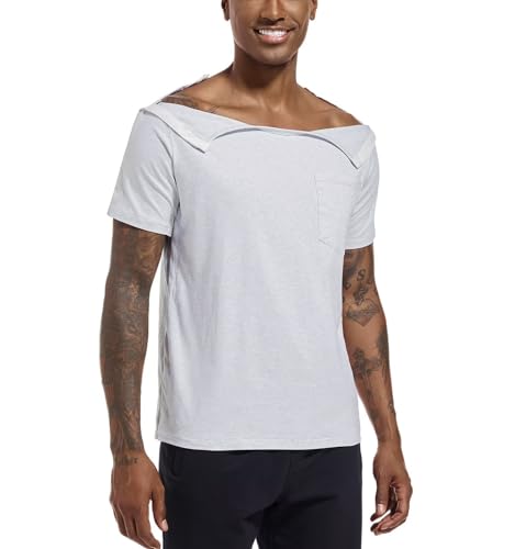 Landofgenie Unisex Hemd nach der Schulter Sportshirts Herren und Damen Activewear-T-Shirts Erholungs-T-Shirt Funktionsshirt mit Druckknöpfe Hellgrau 2XL von Landofgenie