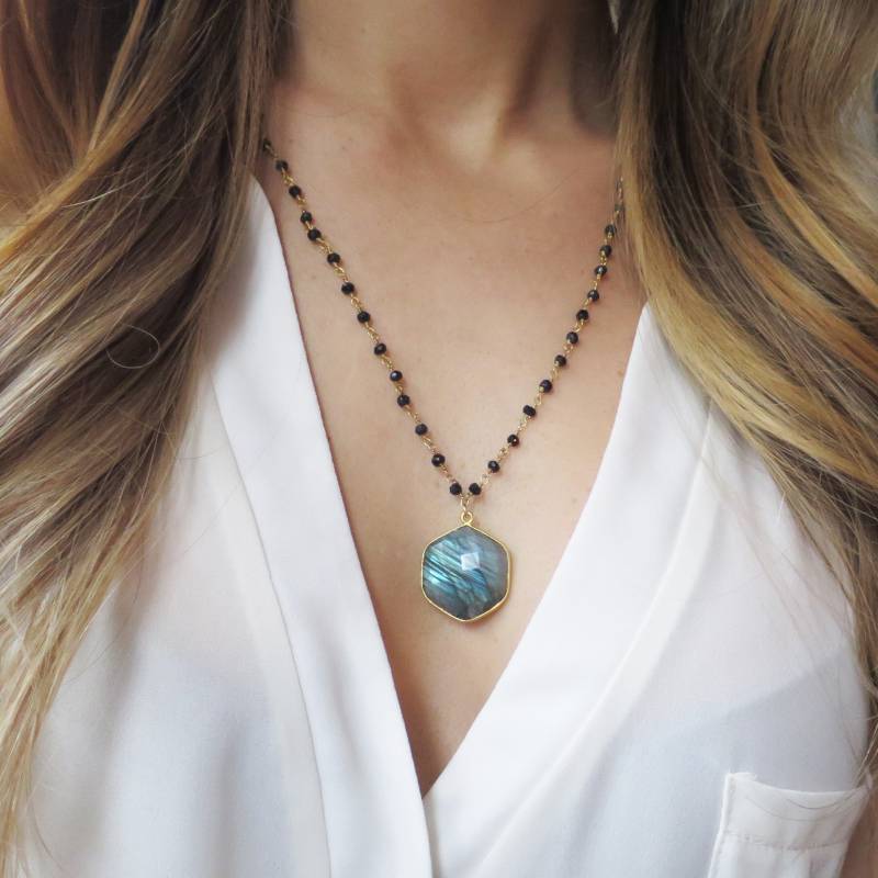 Labradorit Anhänger, Schmuck, Sechseck Halskette, Rosenkranz Blau Labradorit, Grüne von LandonLacey