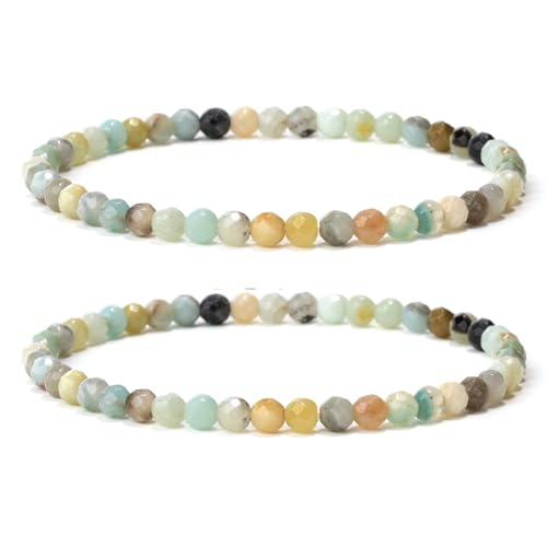 Landorilo 2 Stück Naturstein Facettiertes Perlen Stretch Armband (4mm) für Damen Herren, Yoga Heilstein Armbänder, Freundschaftsarmband, Paar-Armband, Ersatzperlen Inklusive(2F Amazonit) von Landorilo
