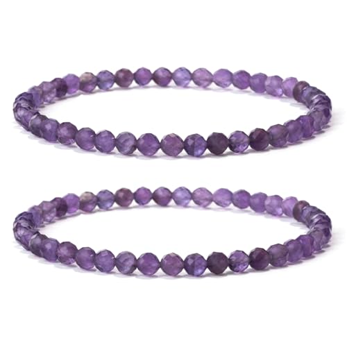 Landorilo 2 Stück Naturstein Facettiertes Perlen Stretch Armband (4mm) für Damen Herren, Yoga Heilstein Armbänder, Freundschaftsarmband, Paar-Armband, Ersatzperlen Inklusive(2F Amethyst) von Landorilo