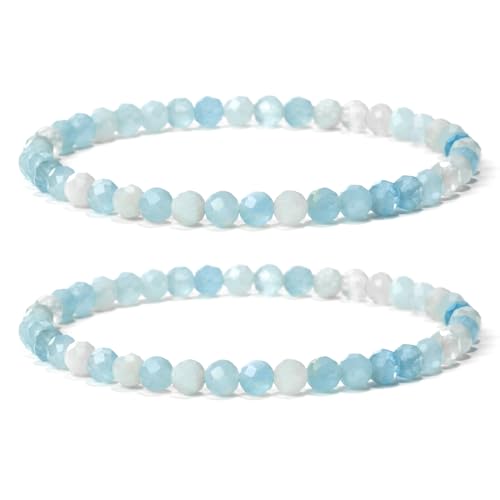 Landorilo 2 Stück Naturstein Facettiertes Perlen Stretch Armband (4mm) für Damen Herren, Yoga Heilstein Armbänder, Freundschaftsarmband, Paar-Armband, Ersatzperlen Inklusive(2F Aquamarin) von Landorilo