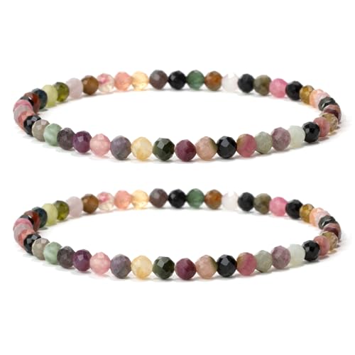Landorilo 2 Stück Naturstein Facettiertes Perlen Stretch Armband (4mm) für Damen Herren, Yoga Heilstein Armbänder, Freundschaftsarmband, Paar-Armband, Ersatzperlen Inklusive(2F Gefärbter Jaspis) von Landorilo