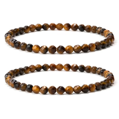 Landorilo 2 Stück Naturstein Facettiertes Perlen Stretch Armband (4mm) für Damen Herren, Yoga Heilstein Armbänder, Freundschaftsarmband, Paar-Armband, Ersatzperlen Inklusive(2F Gelbes Tigerauge) von Landorilo