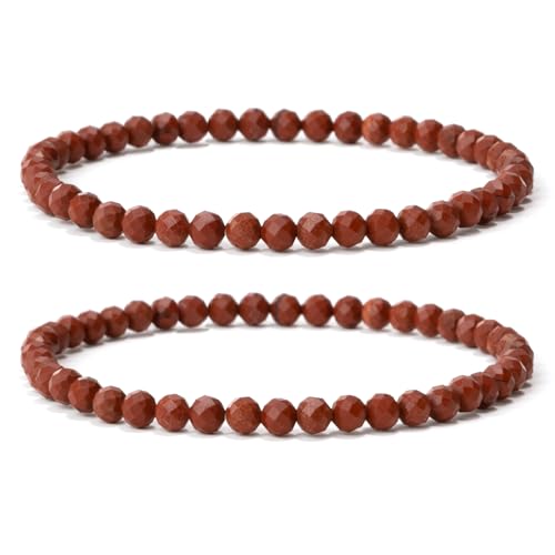 Landorilo 2 Stück Naturstein Facettiertes Perlen Stretch Armband (4mm) für Damen Herren, Yoga Heilstein Armbänder, Freundschaftsarmband, Paar-Armband, Ersatzperlen Inklusive(2F Jaspis Rot) von Landorilo