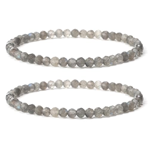 Landorilo 2 Stück Naturstein Facettiertes Perlen Stretch Armband (4mm) für Damen Herren, Yoga Heilstein Armbänder, Freundschaftsarmband, Paar-Armband, Ersatzperlen Inklusive(2F Labradorit) von Landorilo