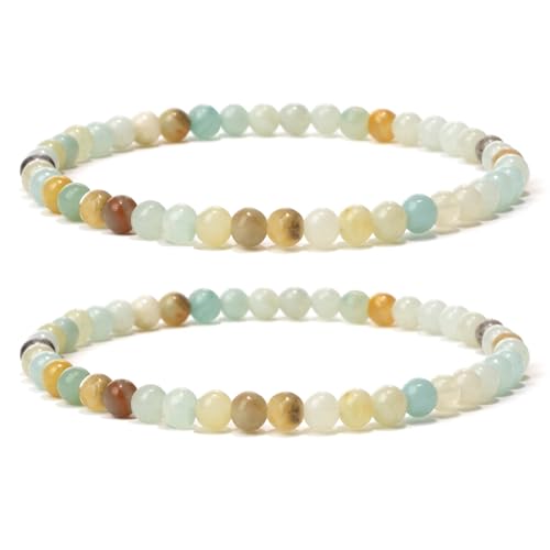 Landorilo 2 Stück Naturstein Runde Perlen Stretch Armband (4mm) für Damen Herren, Yoga Heilstein Armbänder, Freundschaftsarmband, Paar-Armband, Ersatzperlen Inklusive(2R Amazonit) von Landorilo