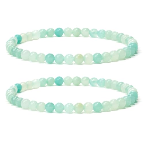 Landorilo 2 Stück Naturstein Runde Perlen Stretch Armband (4mm) für Damen Herren, Yoga Heilstein Armbänder, Freundschaftsarmband, Paar-Armband, Ersatzperlen Inklusive(2R Blauer Amazonit) von Landorilo