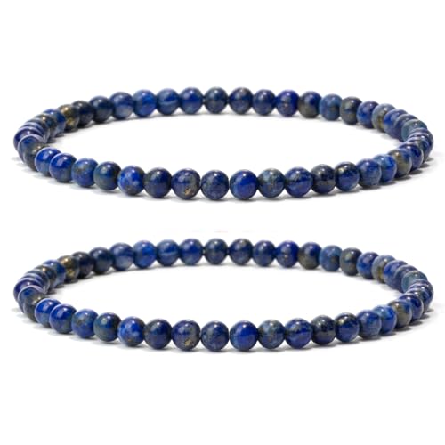 Landorilo 2 Stück Naturstein Runde Perlen Stretch Armband (4mm) für Damen Herren, Yoga Heilstein Armbänder, Freundschaftsarmband, Paar-Armband, Ersatzperlen Inklusive(2R Lapis Lazuli) von Landorilo