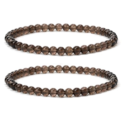 Landorilo 2 Stück Naturstein Runde Perlen Stretch Armband (4mm) für Damen Herren, Yoga Heilstein Armbänder, Freundschaftsarmband, Paar-Armband, Ersatzperlen Inklusive(2R Rauchquarz) von Landorilo
