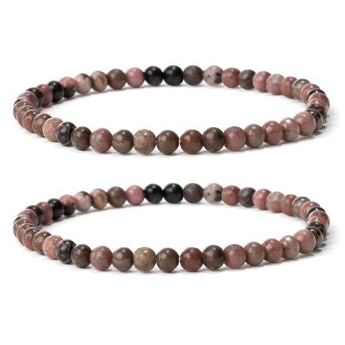 Landorilo 2 Stück Naturstein Runde Perlen Stretch Armband (4mm) für Damen Herren, Yoga Heilstein Armbänder, Freundschaftsarmband, Paar-Armband, Ersatzperlen Inklusive(2R Rosa Schwarzer Rhodonit) von Landorilo