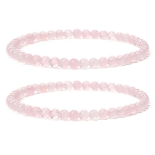 Landorilo 2 Stück Naturstein Runde Perlen Stretch Armband (4mm) für Damen Herren, Yoga Heilstein Armbänder, Freundschaftsarmband, Paar-Armband, Ersatzperlen Inklusive(2R Rosenquarz) von Landorilo