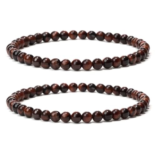 Landorilo 2 Stück Naturstein Runde Perlen Stretch Armband (4mm) für Damen Herren, Yoga Heilstein Armbänder, Freundschaftsarmband, Paar-Armband, Ersatzperlen Inklusive(2R Rotes Tigerauge) von Landorilo