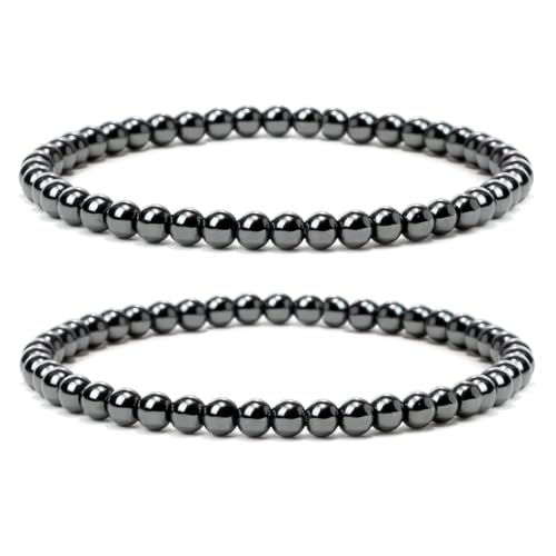 Landorilo 2 Stück Naturstein Runde Perlen Stretch Armband (4mm) für Damen Herren, Yoga Heilstein Armbänder, Freundschaftsarmband, Paar-Armband, Ersatzperlen Inklusive(2R Schwarzer Gallenstein) von Landorilo