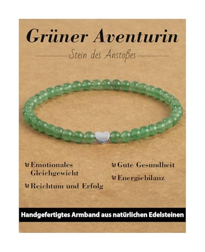 Landorilo Armband Damen, 4mm Echten Naturstein mit 925 Sterling Silber Liebe Perlen, Heilsteine Yoga Perlenarmband, Weihnachten, Geburtstag, Jahrestag Geschenk für Frauen(Grüner Aventurin) von Landorilo