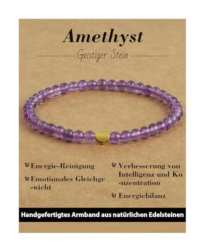 Landorilo Armband Damen, 4mm Echten Naturstein mit 925 Vergoldeten Liebesperlen, Heilsteine Yoga Perlenarmband, Weihnachten, Geburtstag, Jahrestag Geschenk für Frauen(Amethyst) von Landorilo
