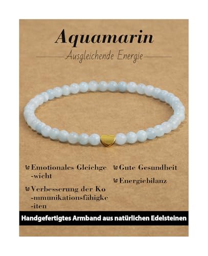 Landorilo Armband Damen, 4mm Echten Naturstein mit 925 Vergoldeten Liebesperlen, Heilsteine Yoga Perlenarmband, Weihnachten, Geburtstag, Jahrestag Geschenk für Frauen(Aquamarin) von Landorilo